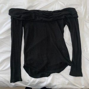 Hollister Black Off Shoulder Stretchy Waffle Long Sleeve Sweater Top